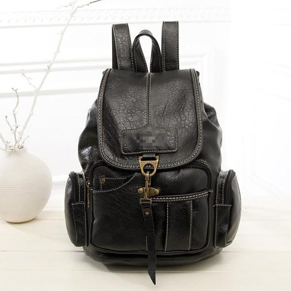 sac à dos en cuir PU noir multi-poches avec boucle