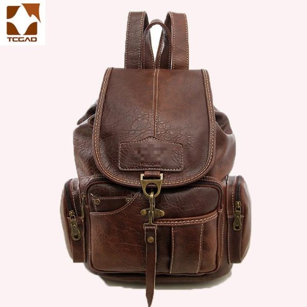 sac à dos en cuir simili multi-poches marron foncé
