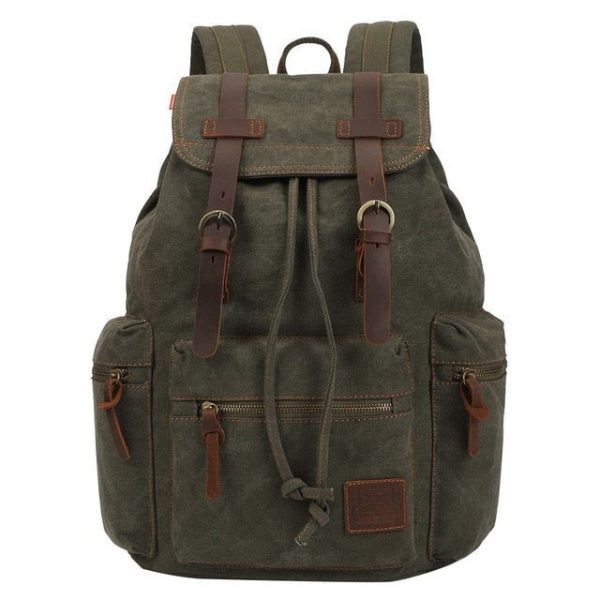 sac à dos vintage vert en toile et cuir